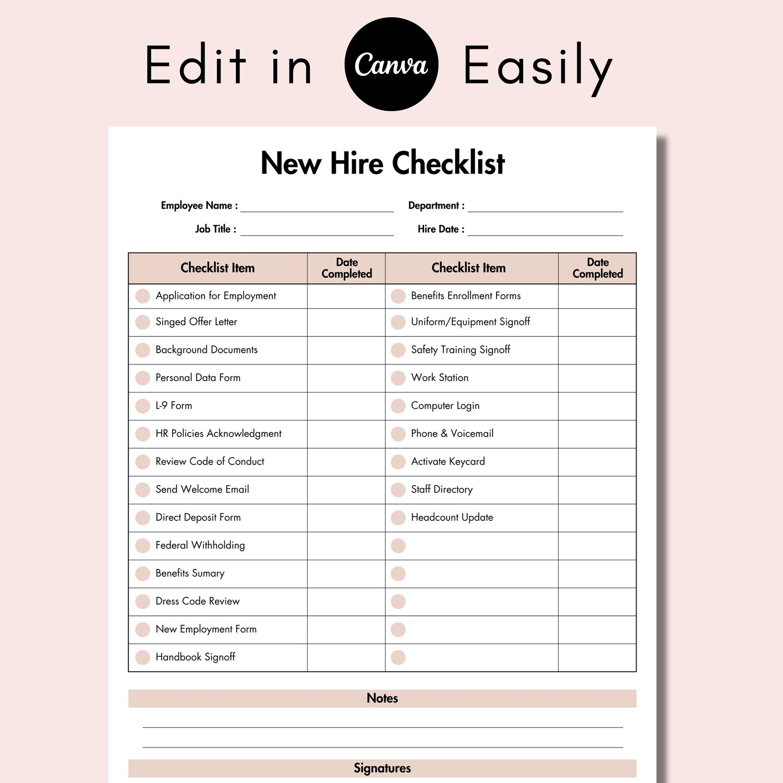 New Hire Checklist Template, Onboarding New Hire List, Printable New