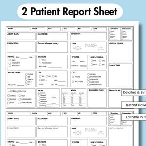 2 Patient Nurse Report Sheet, Nursing Med Surg Report Sheet, Printable Nurse Brain Sheet, ICU Nursing Handoff, Editable New Grad Rn Report