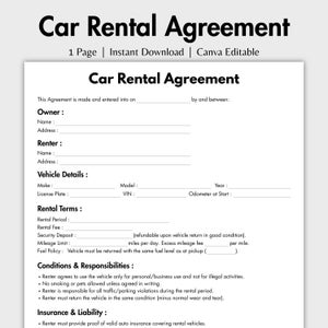 Puede incluir: Un formulario de contrato de alquiler de coches imprimible en blanco y negro con el título "Contrato de alquiler de coches" y el texto "Este Contrato se celebra el por y entre:" El formulario incluye secciones para el nombre y la dirección del propietario y del arrendatario, los detalles del vehículo, las condiciones de alquiler, las condiciones y responsabilidades, y el seguro y la responsabilidad.