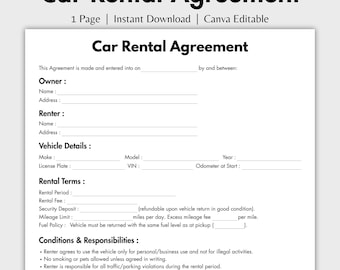 Einseitige Mietwagenvertragsvorlage, bearbeitbarer Mietwagenvertrag, druckbares Fahrzeuglease-Formular, Fahrzeugverleihvertrag, Canva Digital