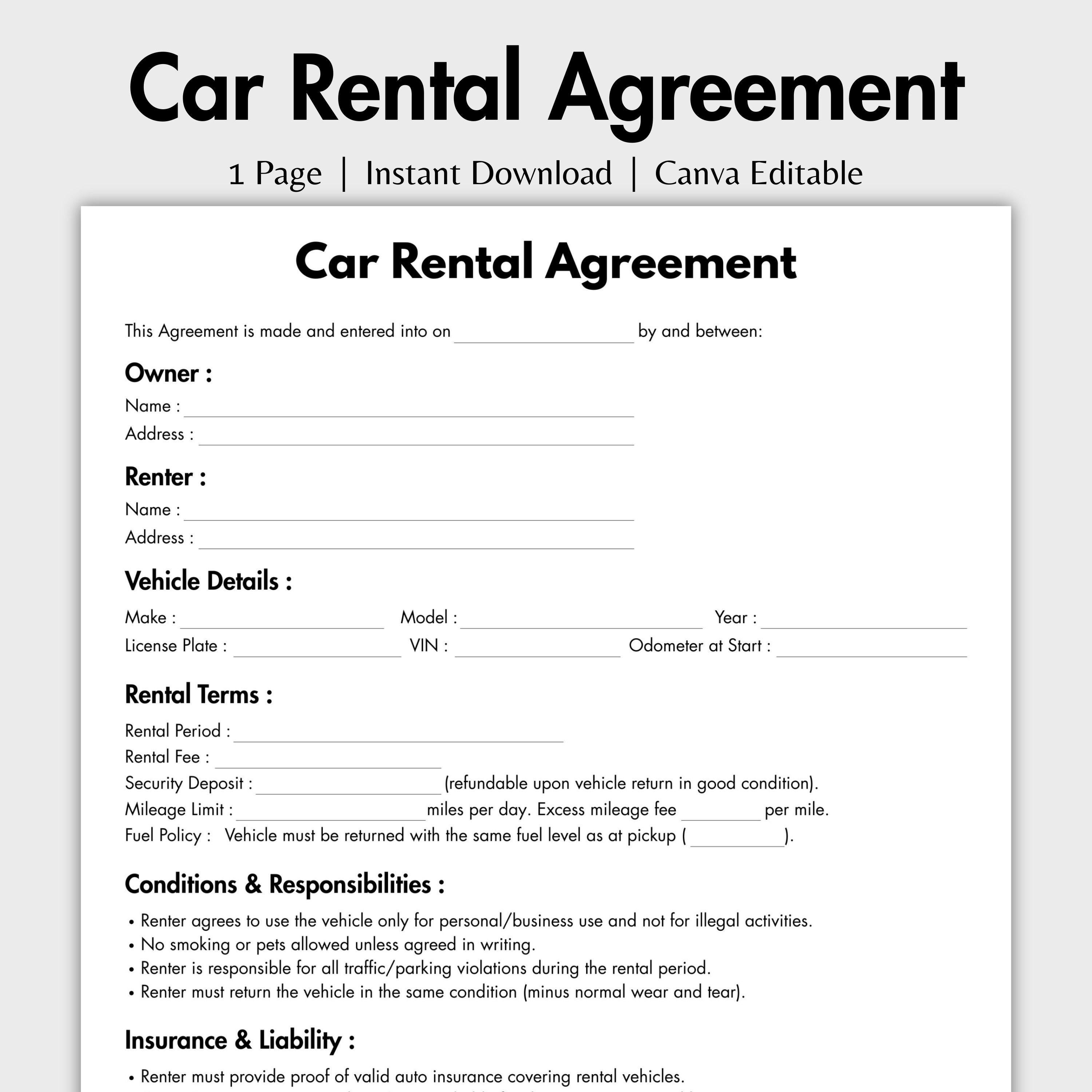 One Page Car Rental Agreement Template, Editable Car Rental Contract ...