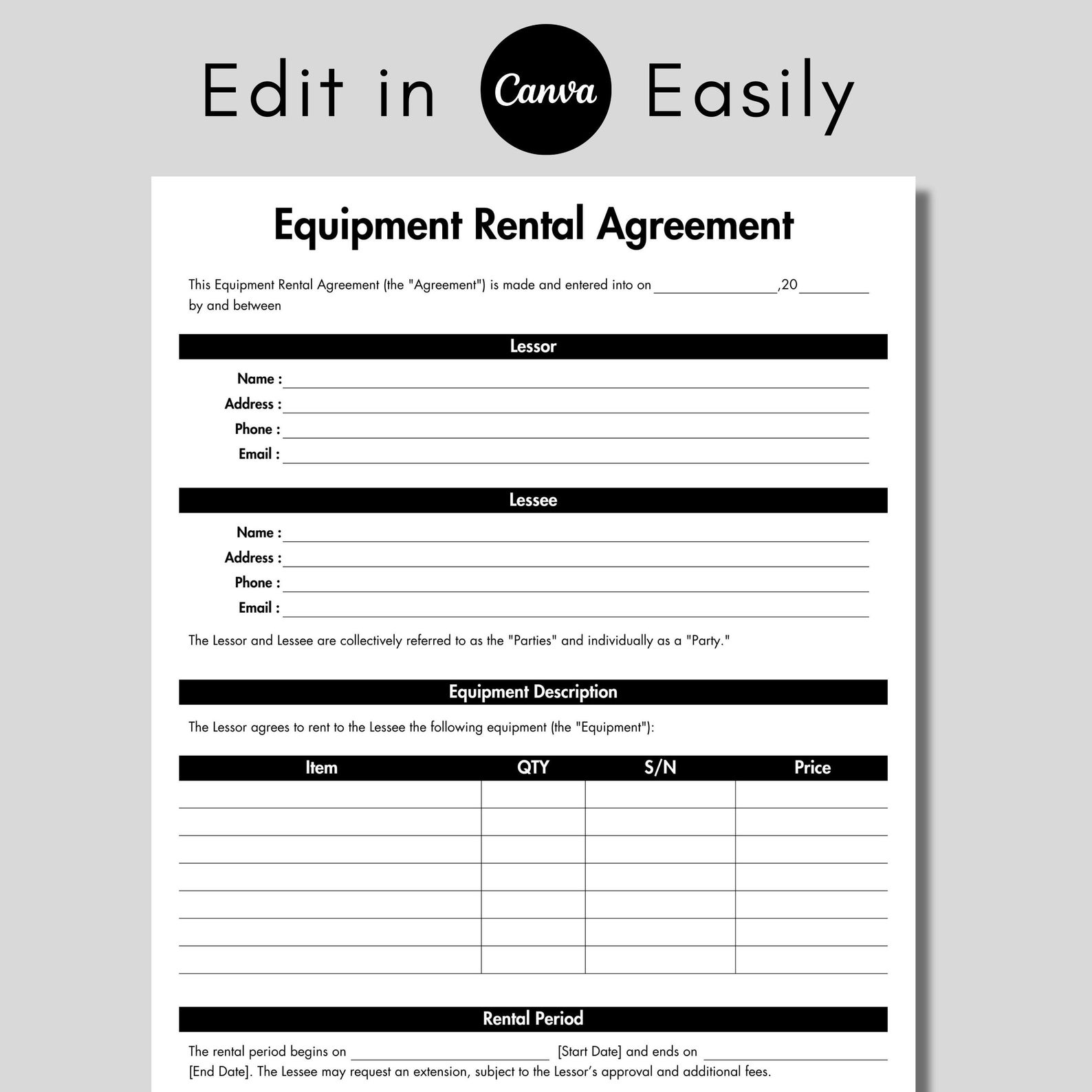 Printable Machine Rental Editable Equipment Rental Agreement, Printable Equipment Rental ...