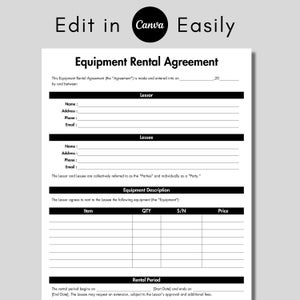 Editable Equipment Rental Agreement, Printable Equipment Rental ...