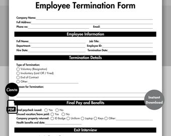 Employee Termination Form Template Black, Employee Termination Sheet, Printable and Editable Employee Layoffs, Canva HR Employee Terminate