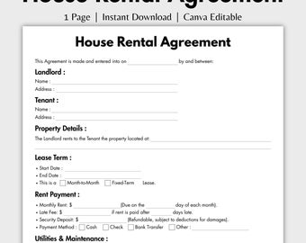One Page House Rental Agreement, Editable Lease Agreement Template, Printable Residential Housing Contract, Landlord Forms, Property Rental