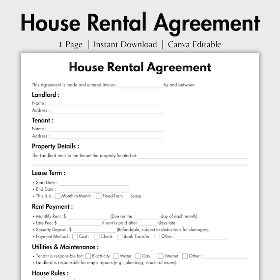 One Page House Rental Agreement, Editable Lease Agreement Template, Printable Residential Housing Contract, Landlord Forms, Property Rental
