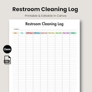Restroom Cleaning Log Colorful, Commercial Cleaning Log Sheet, Editable Bathroom Checklist Template Printable Cleaning Restroom Checklist