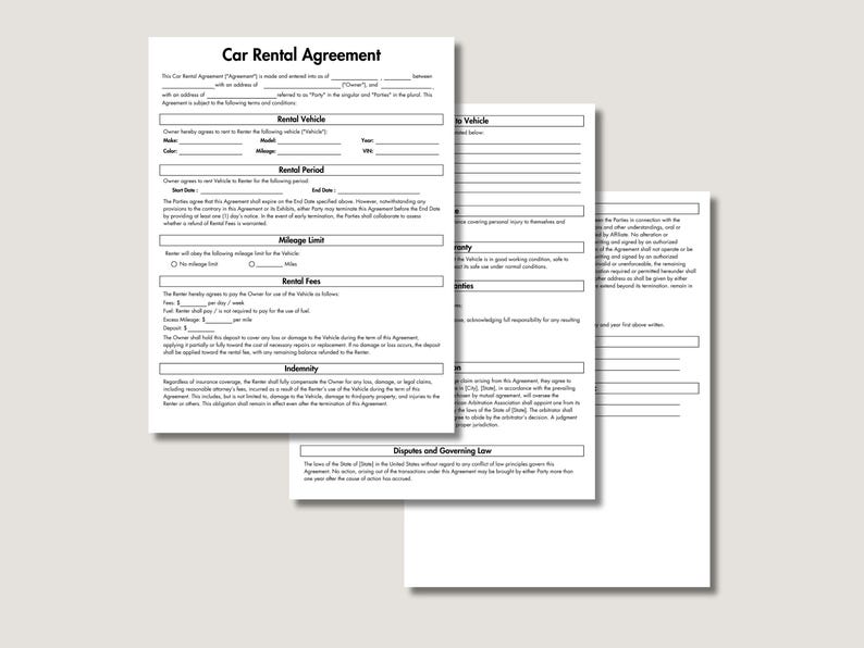 Car Rental Agreement Template, Car Rental Contract, Printable Vehicle ...