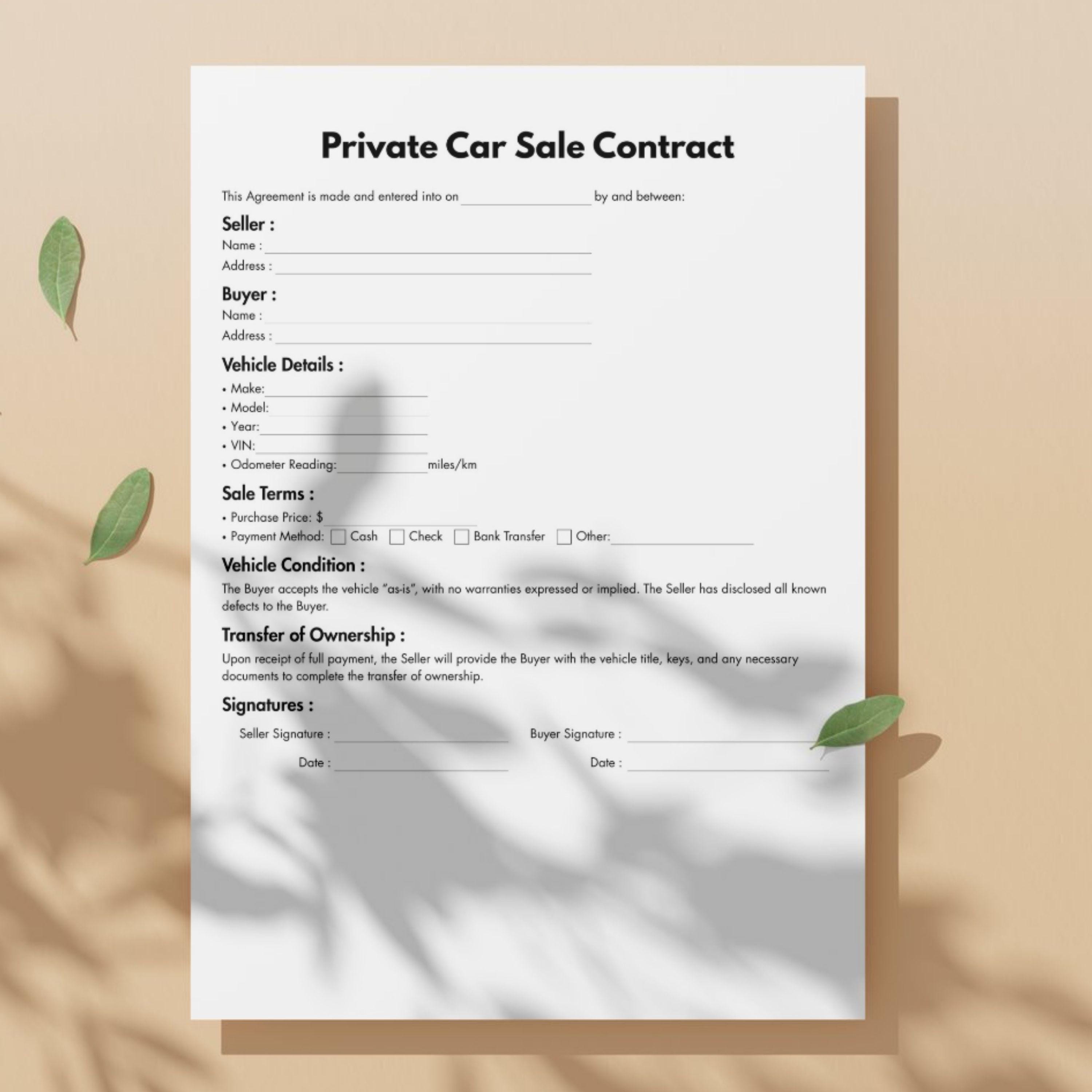 One Page Private Car Sale Contract, Editable Vehicle Bill of Sale