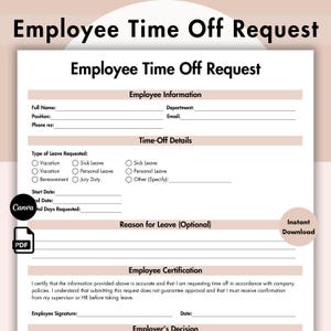 Employee Time off Request, Editable Vacation Request Form Template, Time off Calendar, Printable Instant Sick Time Request, Time off Tracker