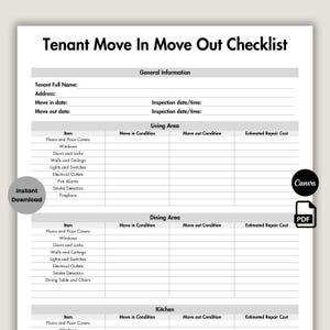 May include: A printable tenant move-in and move-out checklist. The document includes sections for general information, living area, dining area, and kitchen. The checklist is designed to help tenants and landlords document the condition of a property.