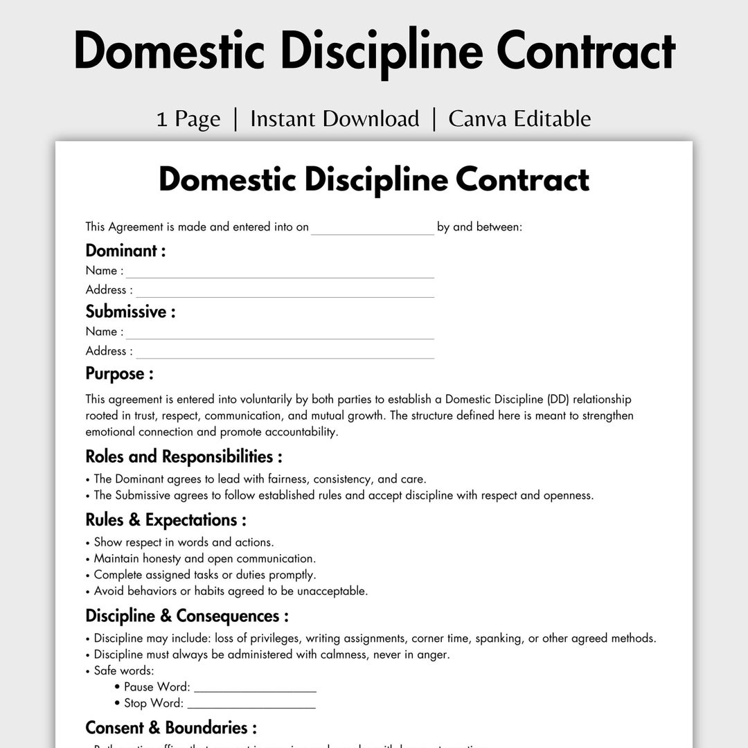 One Page Domestic Discipline Contract, Editable DD Agreement Form Canva ...