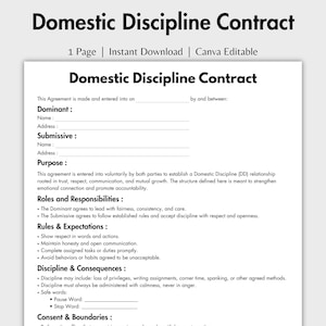 Op de afbeelding: Een wit document getiteld "Domestic Discipline Contract" met tekstvelden voor namen, adressen en overeenkomstgegevens. Het document beschrijft rollen, verantwoordelijkheden, regels, verwachtingen en consequenties.