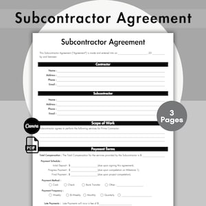 Editable Subcontractor Agreement Template, Printable Job Subcontractor Agreement forms, Construction form, Independent contract Form, Canva