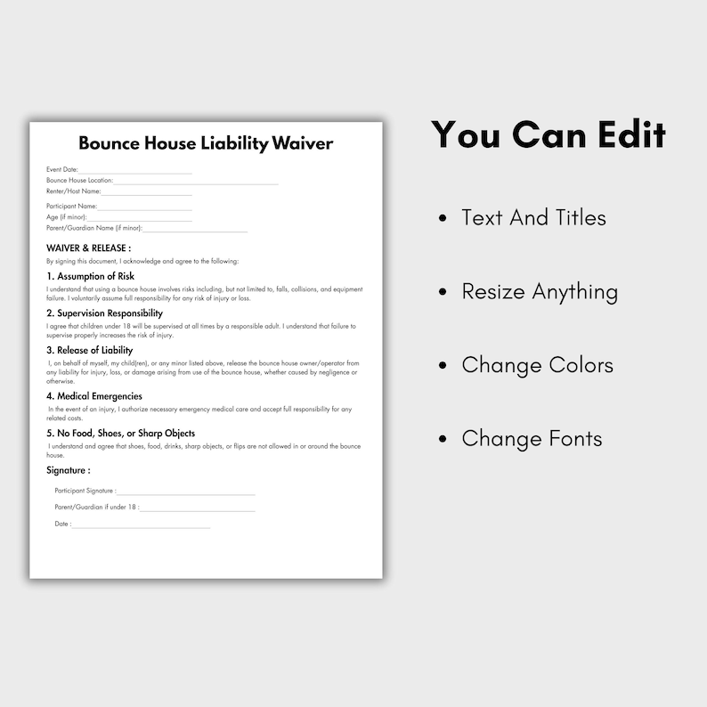One Page Bounce House Liability Waiver, Editable Business Waiver Form