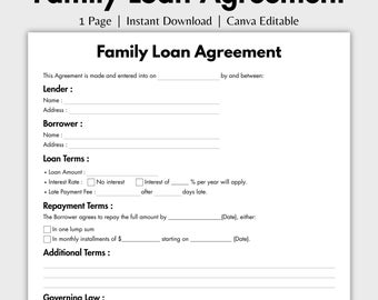 One Page Family Loan Agreement, Editable Family Loan Contract Form Template Canva, Printable Family Loan Form, Family Debt Contract, Simple