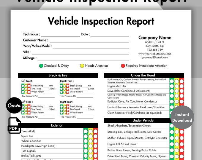 PDF Printable Vehicle Inspection Report, Used Vehicle Inspection Sheet ...