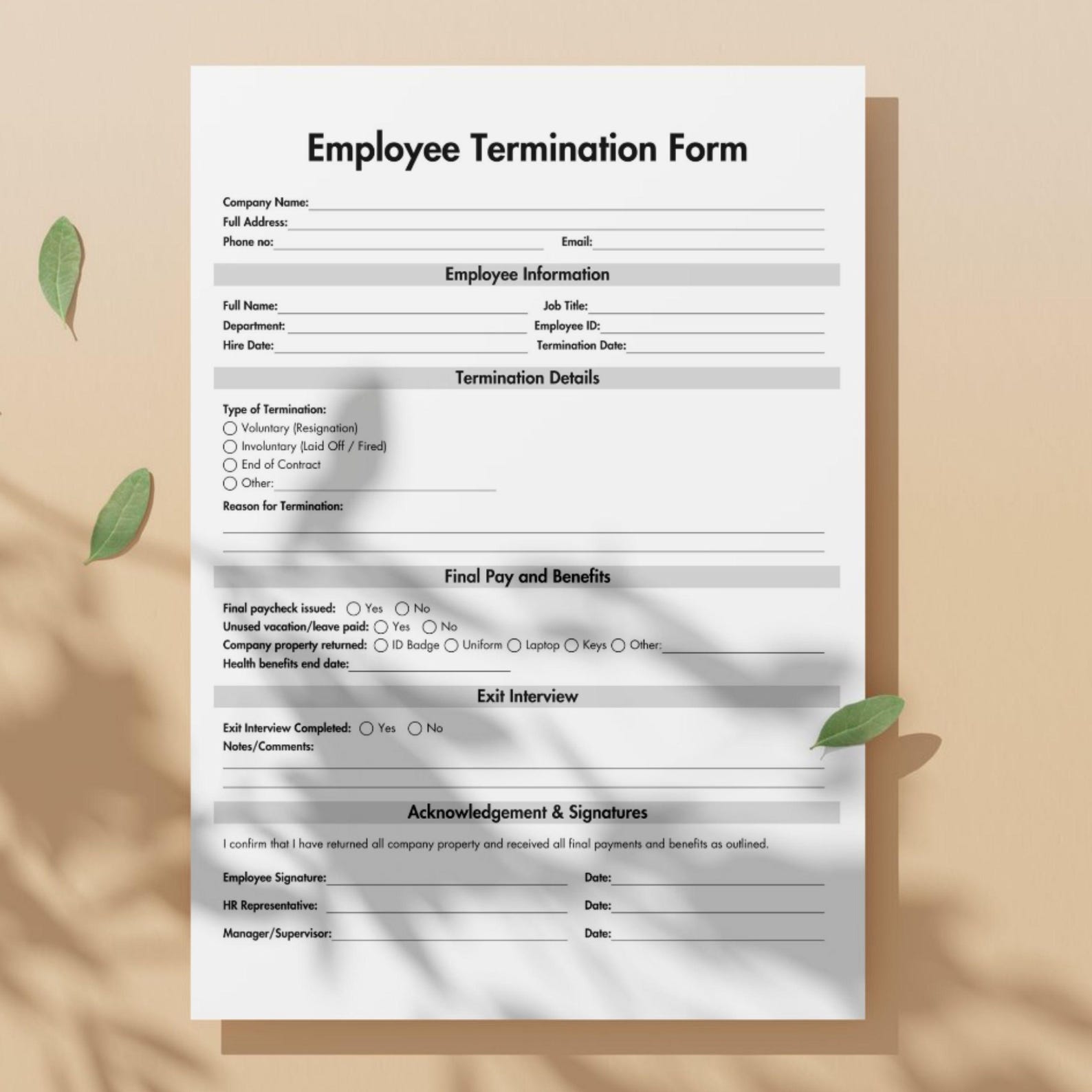 Employee Termination Form Template, Editable HR Terminate Employee Form ...