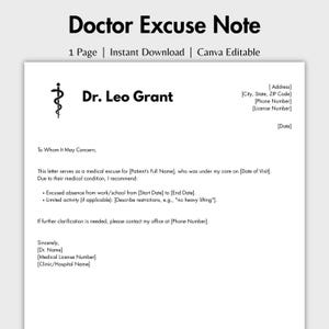 Bewerkbare doktersexcuse, afdrukbare doktersexcuse-sjabloon, doktersexcuusbrief voor school, doktersbriefje digitale download