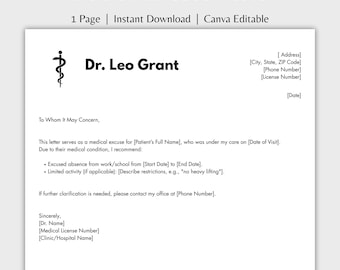 Editable Doctor Excuse Note, Printable Dr Note for Work Excuse Template, Doctor Excuse Letter for School, Dr Excuse Note Digital Download