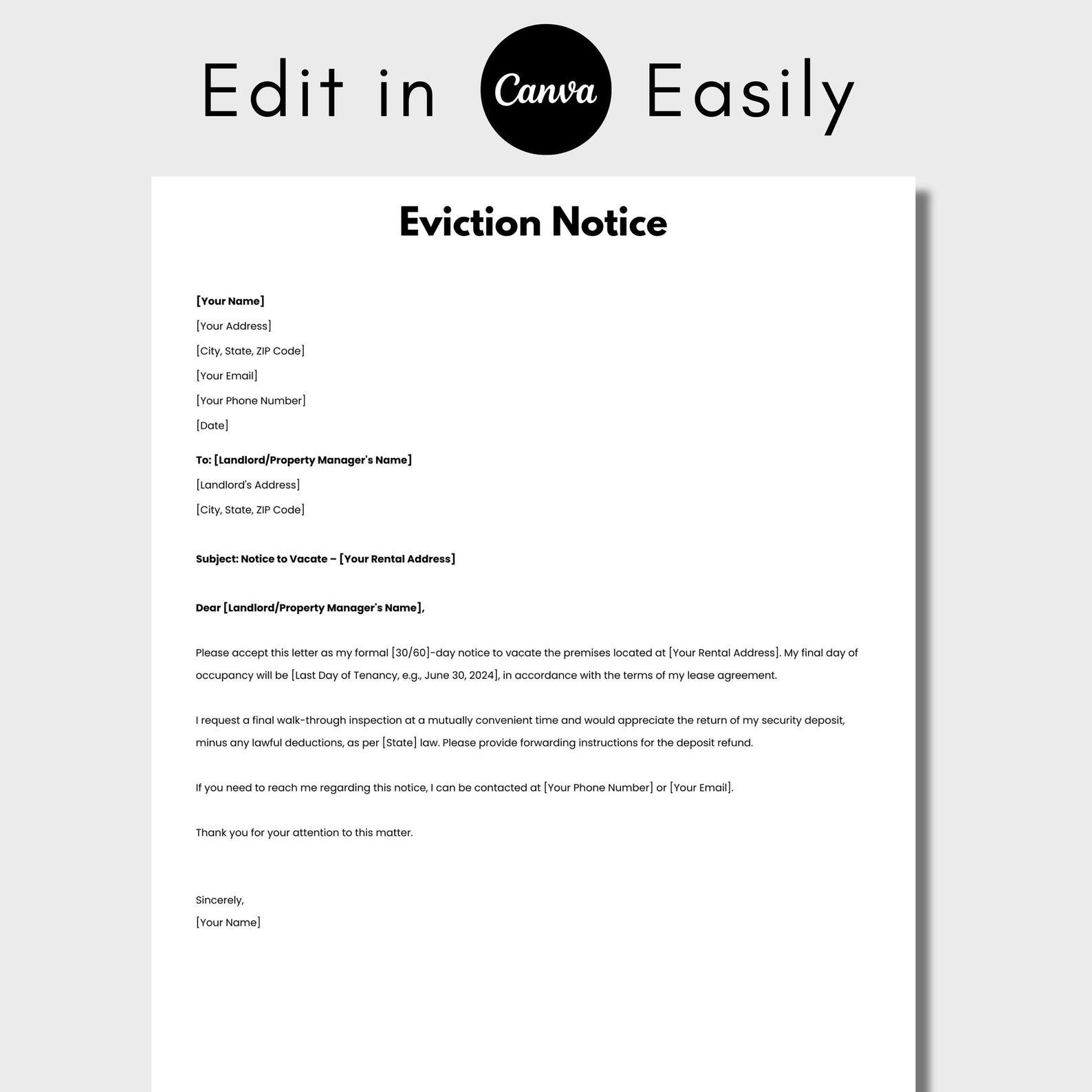 One Page Eviction Notice, Editable Notice to Vacate Template Canva ...