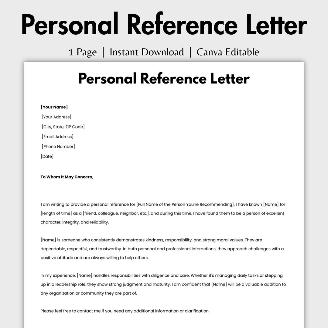 Editable Personal Reference Letter, Printable Recommendation Letter ...