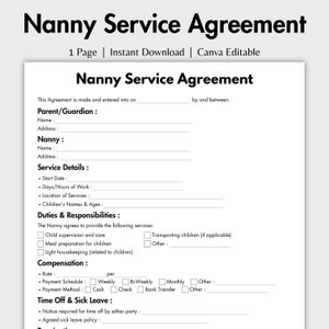 One Page Nanny Service Agreement, Editable Babysitter Service Contract Form Template Canva, Printable Daycare & Childcare Business Form