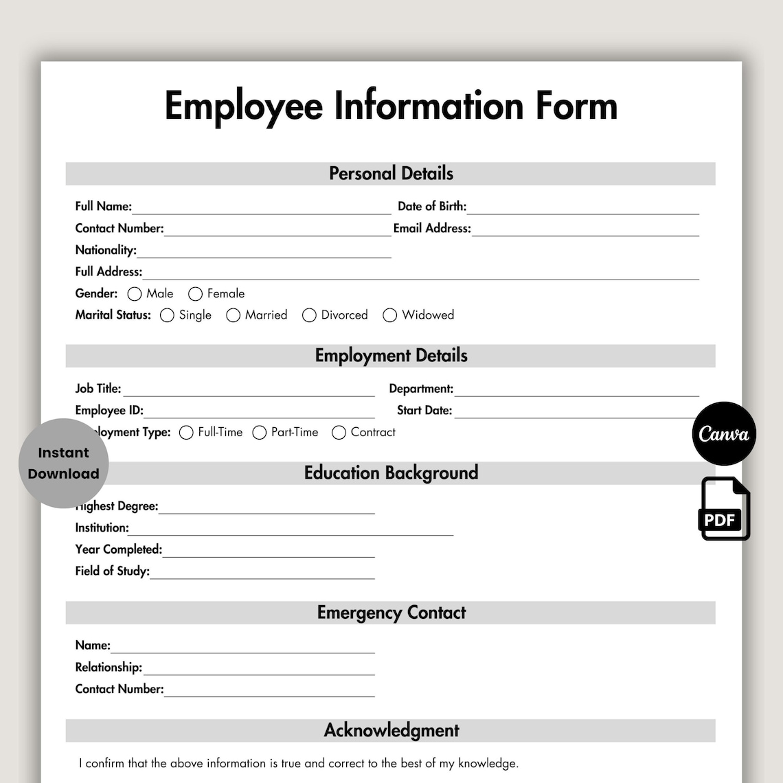 Employee Information Form Template, Editable HR Templates Employee Form ...