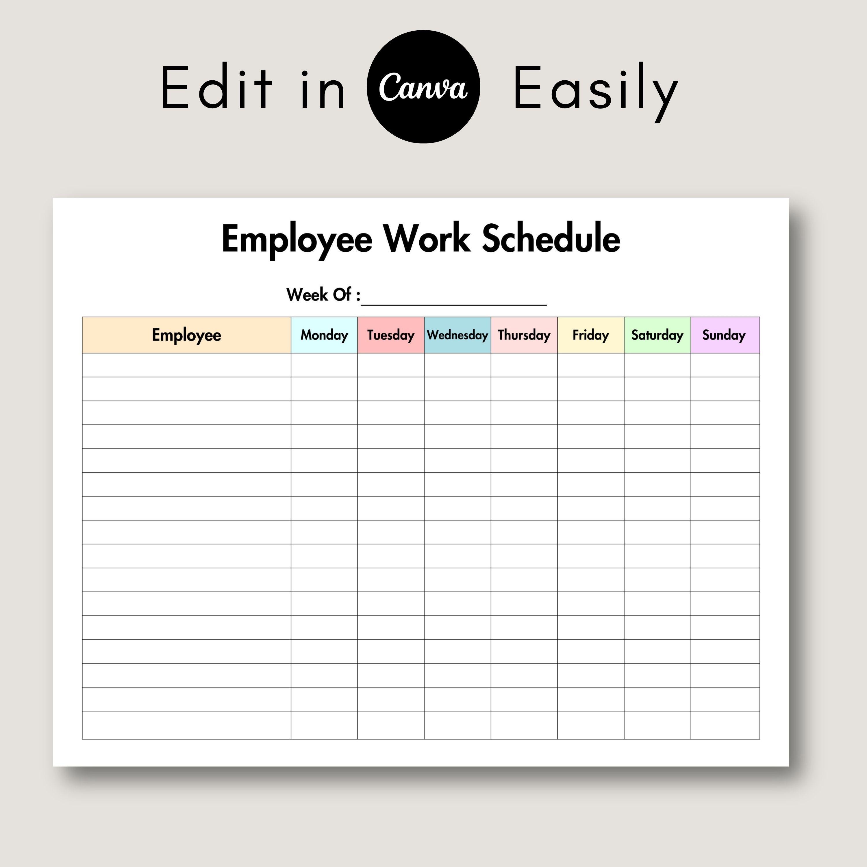 Editable Employee Work Schedule Printable, Employee Weekly Schedule ...