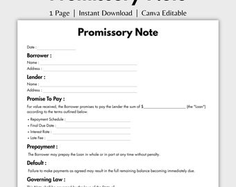 Pagaré de una página, plantilla editable de contrato de préstamo personal (Canva), pagaré imprimible para pago, contrato de formulario de pagaré
