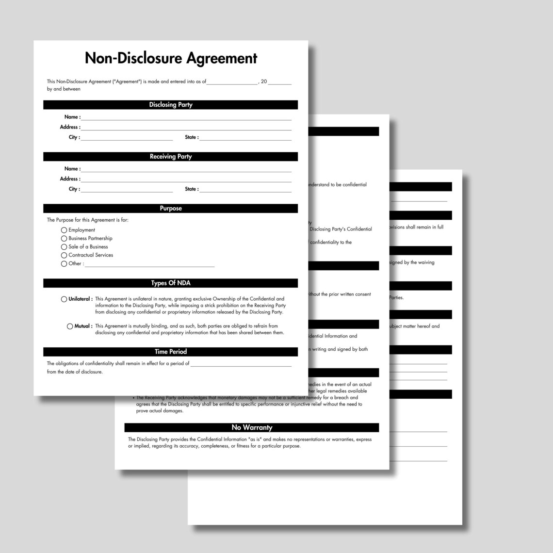 Nda Form Financial Editable Non-disclosure Agreement, Printable NDA Forms, Confidential ...