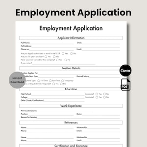 Editable Employment Application, Job Application Template, New Employee Application Form, Printable Application for Employment, HR Template