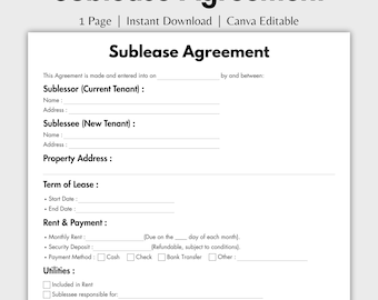 One Page Sublease Agreement, Editable Commercial Sublet Contract Form Template Canva, Printable Residential Sublease Agreement, Instant PDF