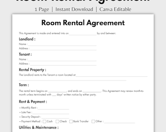 One Page Room Rental Agreement, Editable Room Tenancy Agreement Template Canva, Printable Roommate Room Rental Agreement, Simple Contract