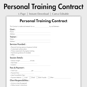 Könnte beinhalten: Eine weiße Vorlage für einen Personal-Training-Vertrag mit schwarzem Text. Das Dokument enthält Abschnitte für Kunden- und Trainerinformationen, erbrachte Leistungen, Sitzungsdetails, Gebühren und Kundenverantwortlichkeiten. Der Text "Personal Training Contract" steht oben.
