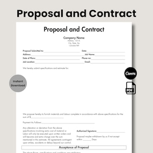 May include: A white document titled "Proposal and Contract" with fillable fields for company information, dates, and signatures. Includes a "Canva" and "PDF" logo, and a circular "Instant Download" graphic.