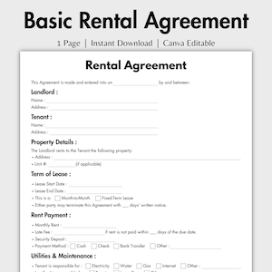 May include: A white and black Basic Rental Agreement template. The document includes sections for Landlord, Tenant, Property Details, Term of Lease, Rent Payment, and Utilities & Maintenance. The text "1 Page | Instant Download | Canva Editable" is at the top.