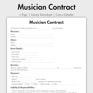 Einseitiger Musikervertrag, bearbeitbare Musikerzusammenarbeitsformularvorlage Canva, druckbare Vereinbarung für Musiker, Gig-Vertragspartnerschaft