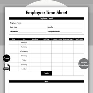 Employee Time Sheet Black, Timekeeping Sheet Form, Staff Management Template Canva, Printable & Editable Weekly Timesheet, Work Hours