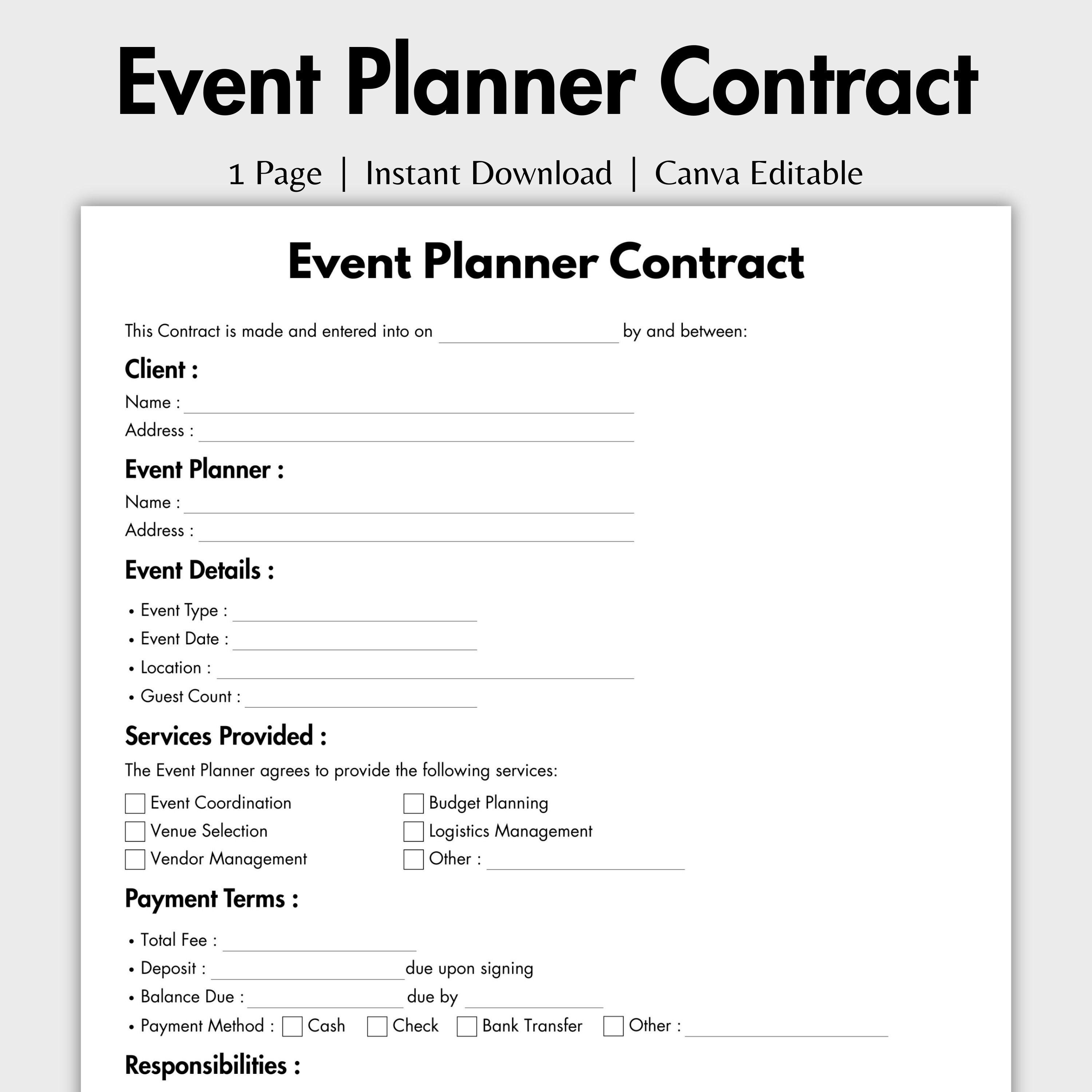 One Page Event Planner Contract, Editable Event Planner Client Forms ...