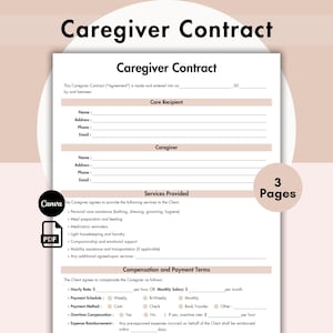 May include: A printable caregiver contract template with sections for care recipient and caregiver information, services provided, compensation and payment terms. The contract includes options for hourly rate, monthly salary, payment schedule, payment method, overtime compensation, and expense reimbursement.