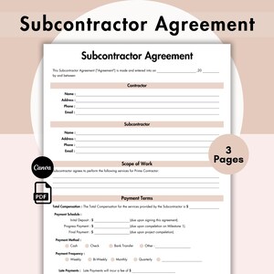 Op de afbeelding: Een printbaar onderaannemersovereenkomstformulier met secties voor informatie van de aannemer en de onderaannemer, de omvang van het werk, de betalingsvoorwaarden en de kosten voor late betalingen. Het formulier is ontworpen voor gebruik in een zakelijke omgeving.