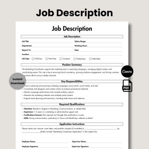 Puede incluir: Una plantilla imprimible de descripción de puesto con el título "Job Description" en la parte superior. El documento incluye secciones para detalles del puesto, resumen del puesto, responsabilidades clave, calificaciones requeridas e instrucciones de solicitud. Los logotipos de Canva y PDF son visibles.