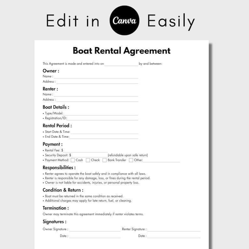 One Page Boat Rental Agreement, Editable Marina Rental Form Template ...