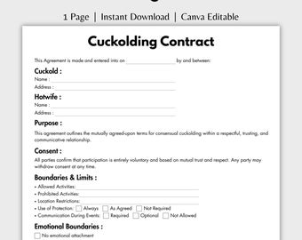 One Page Cuckolding Contract, Editable Cuckold Agreement with Detailed Clauses Form Canva Template, Printable consensual Form
