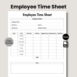 Editable Employee Time Sheet, Timekeeping Sheet Form, Staff Management Template Canva, Printable Weekly Timesheet, Work Hours, Timecard