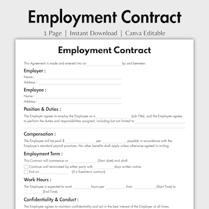 One Page Employment Contract, Editable Employment Service Contract Template, Printable HR Employer Employee Form Template, Job Agreement