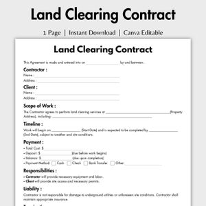 Peut inclure: Document blanc intitulé "Contrat de défrichage" avec texte noir. Le modèle de contrat comprend des sections pour les informations sur l'entrepreneur et le client, l'étendue des travaux, le calendrier, les détails de paiement, les responsabilités et la responsabilité.