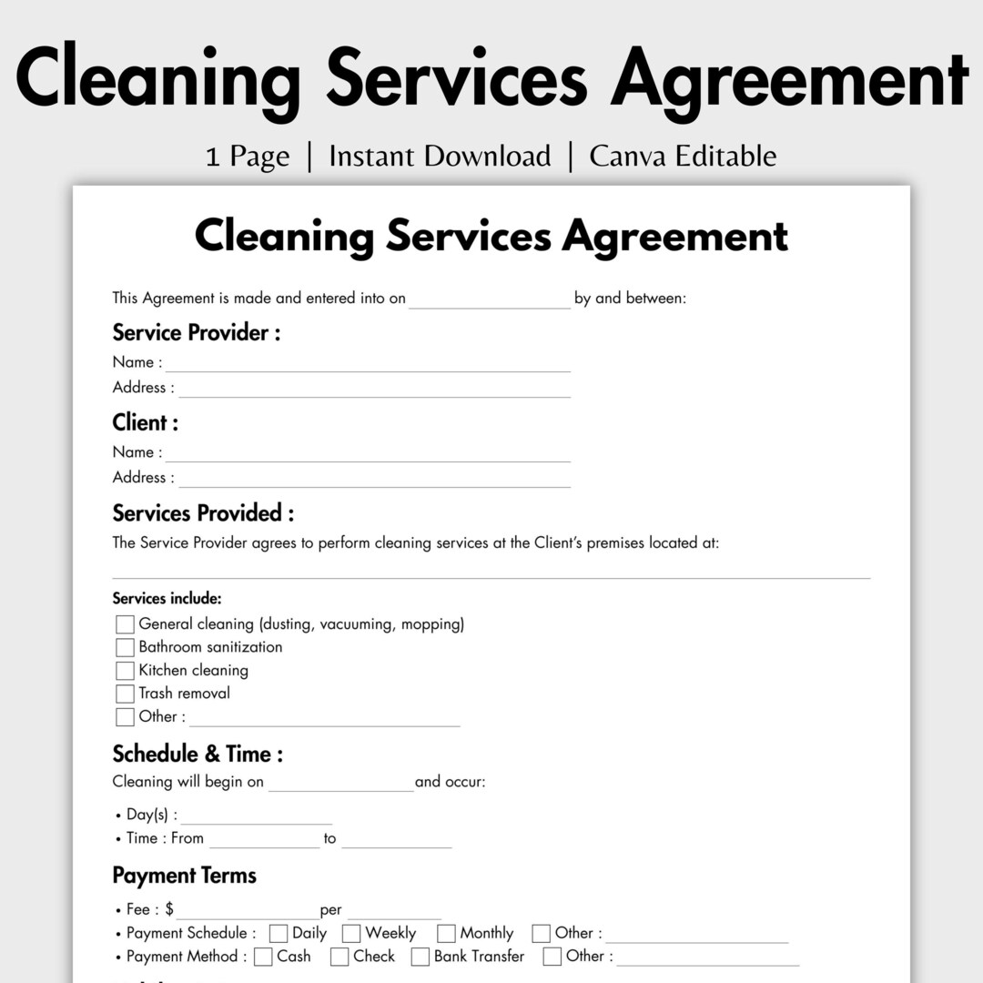 One Page Cleaning Service Agreement, Editable Cleaning Business Form ...