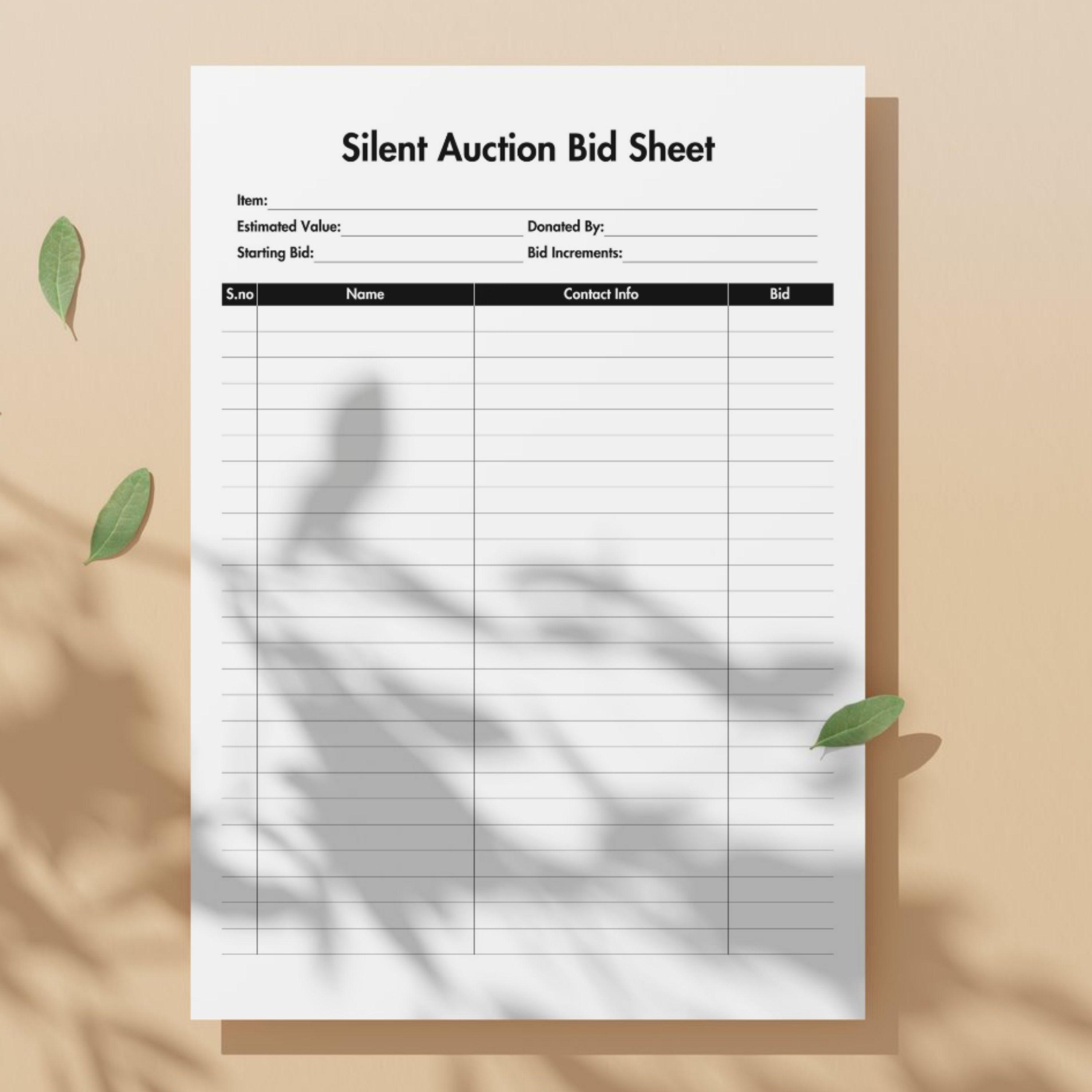Silent Auction Bid Sheet Black, Printable & Editable Auction Bidding ...